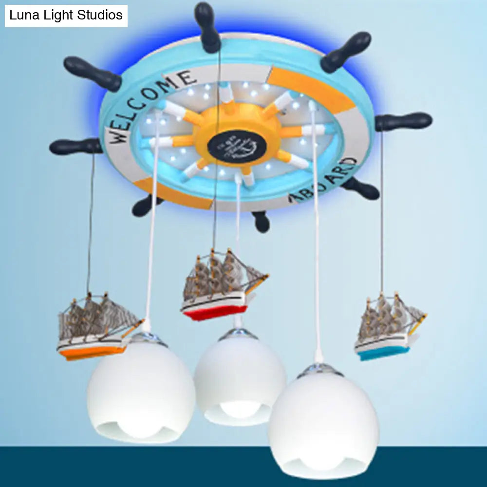 Cartoon 3 Bulb Cream Glass Dome Ceiling Light – Flush Mount With Rudder Canopy (White)