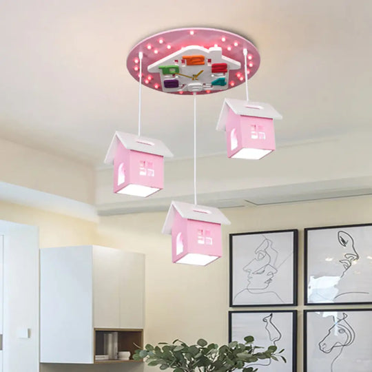 Cartoon 3-Bulb Wood Draping House Ceiling Light Fixture In Pink/Blue Pink