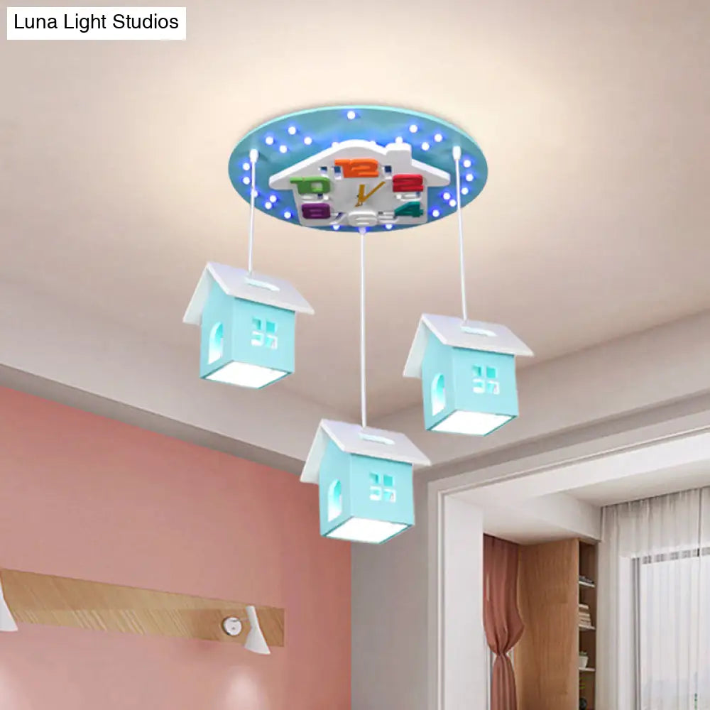 Cartoon 3-Bulb Wood Draping House Ceiling Light Fixture In Pink/Blue