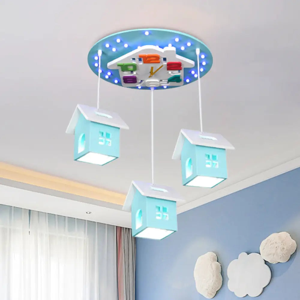 Cartoon 3-Bulb Wood Draping House Ceiling Light Fixture In Pink/Blue Blue
