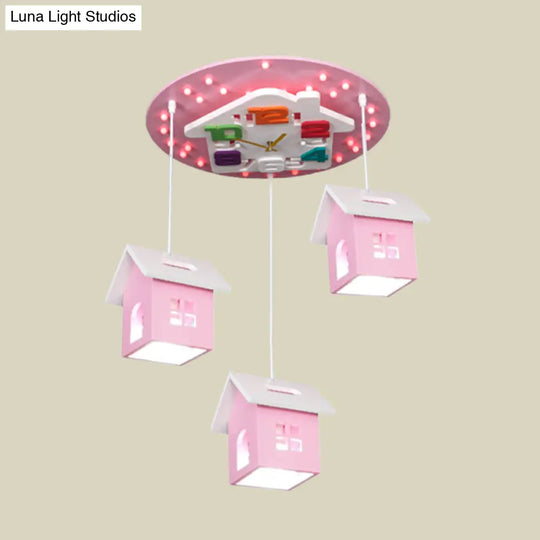 Cartoon 3-Bulb Wood Draping House Ceiling Light Fixture In Pink/Blue