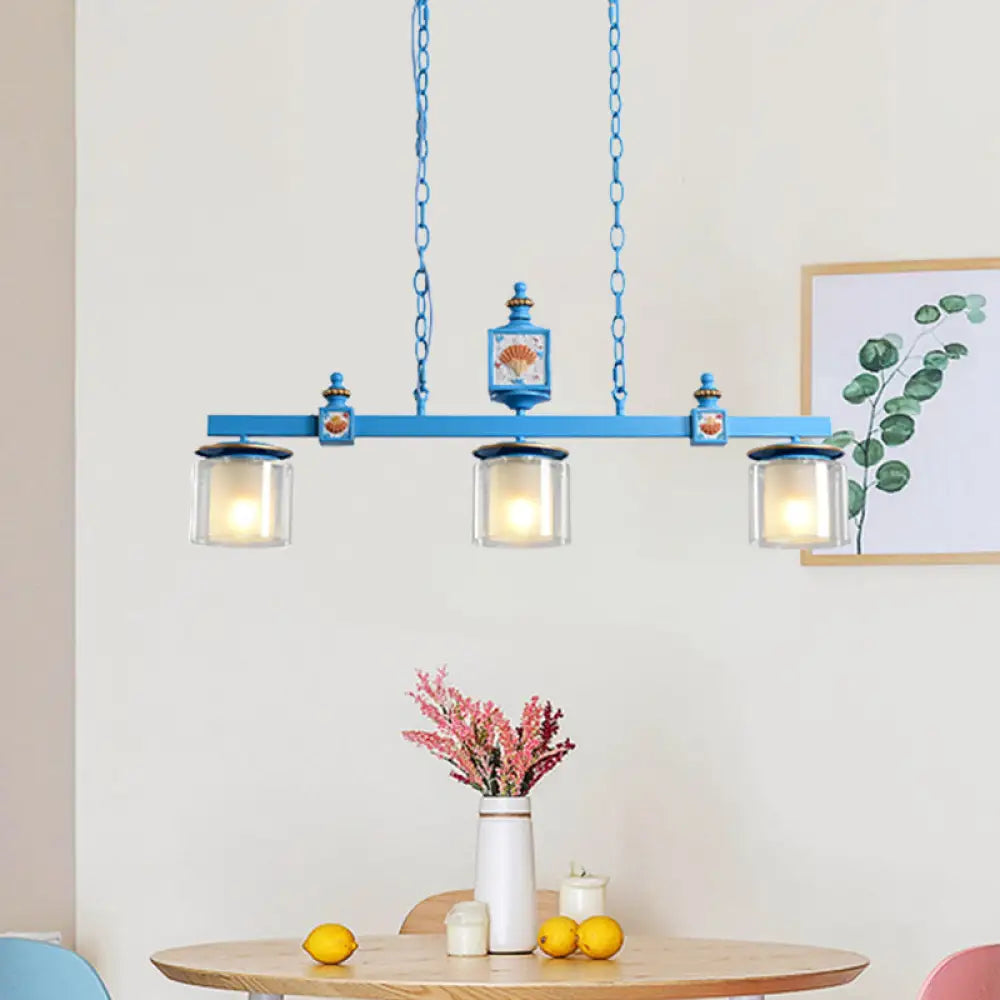 Cartoon 3 Bulbs Island Pendant Light With Dual Cylinder Pendulum Sky/Water Blue Glass Shades Sky