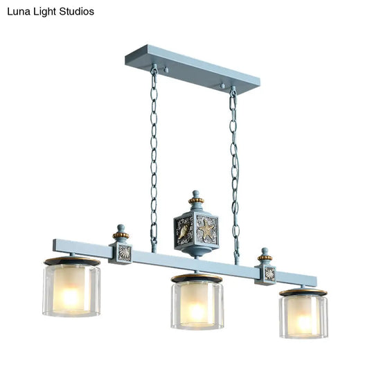 Cartoon 3 Bulbs Island Pendant Light With Dual Cylinder Pendulum Sky/Water Blue Glass Shades