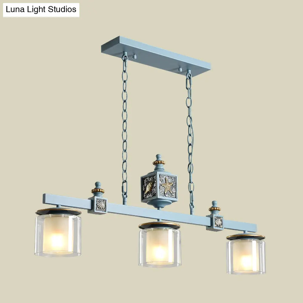 Cartoon 3 Bulbs Island Pendant Light With Dual Cylinder Pendulum Sky/Water Blue Glass Shades