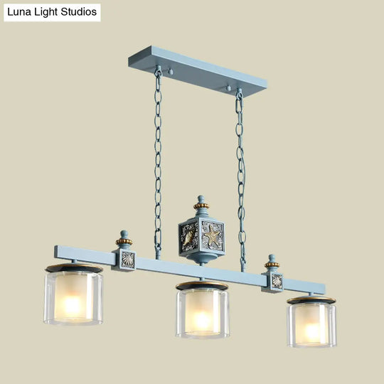 Cartoon 3 Bulbs Island Pendant Light With Dual Cylinder Pendulum Sky/Water Blue Glass Shades