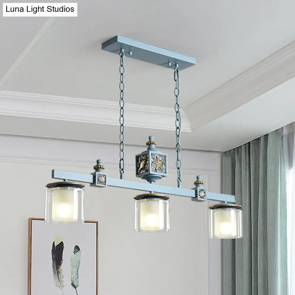 Cartoon 3-Bulb Pendant Light With Clear & Opal Glass Shades - Sky/Water Blue Dual Cylinder Lamp