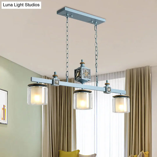 Cartoon 3-Bulb Pendant Light With Clear & Opal Glass Shades - Sky/Water Blue Dual Cylinder Lamp