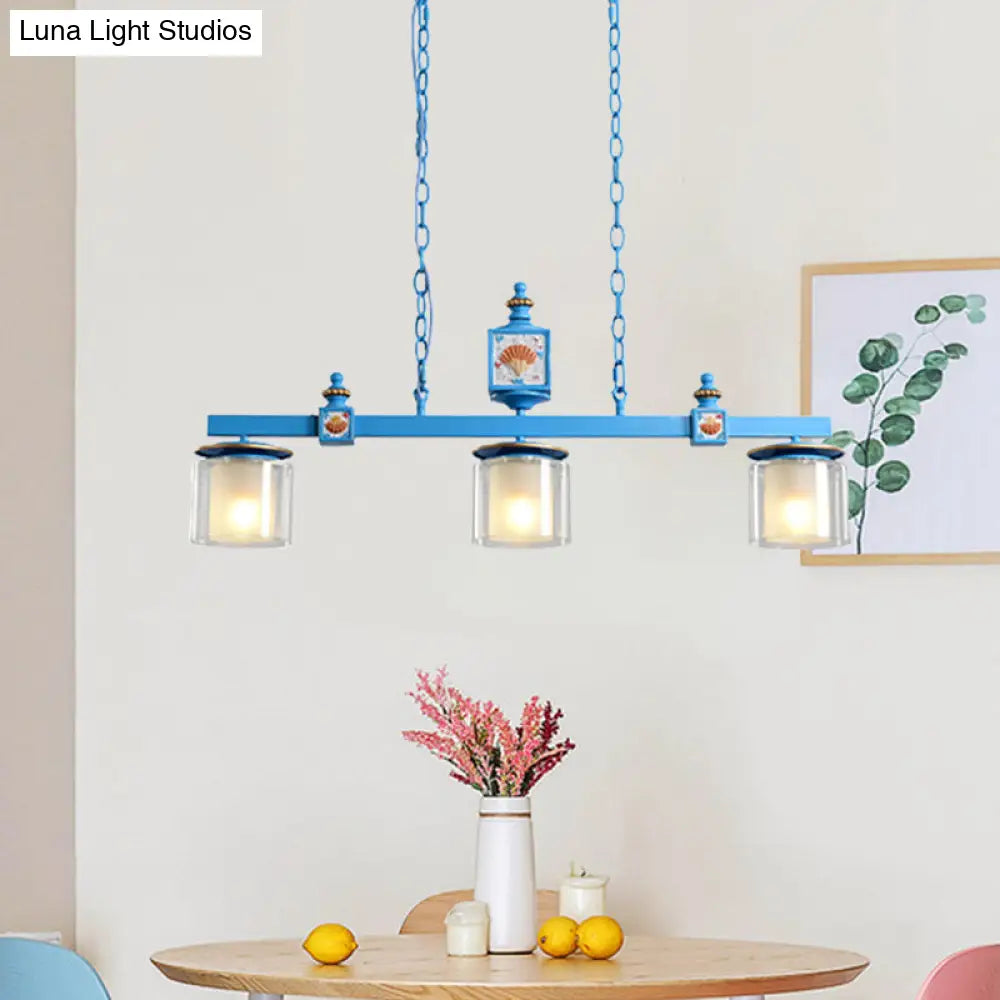 Cartoon 3-Bulb Pendant Light With Clear & Opal Glass Shades - Sky/Water Blue Dual Cylinder Lamp Sky