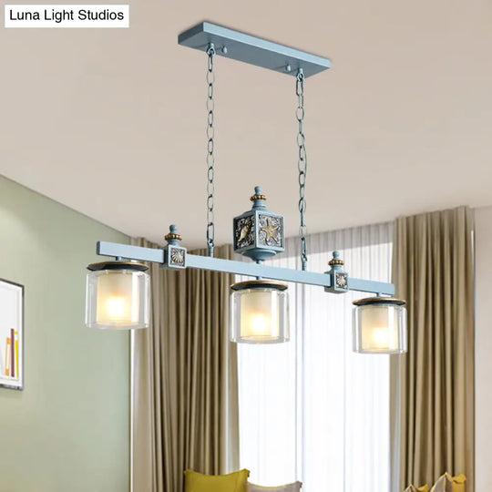 Cartoon 3 Bulbs Island Pendant Light With Dual Cylinder Pendulum Sky/Water Blue Glass Shades