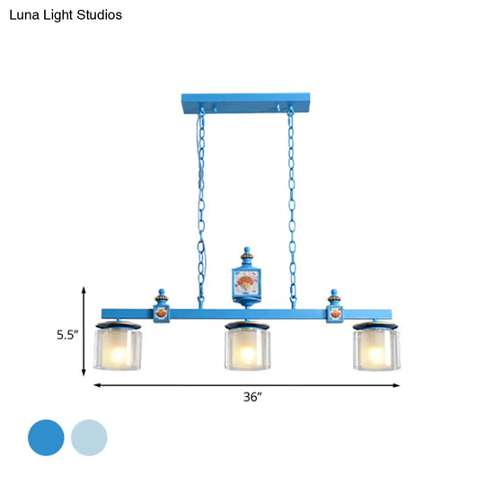 Cartoon 3-Bulb Pendant Light With Clear & Opal Glass Shades - Sky/Water Blue Dual Cylinder Lamp