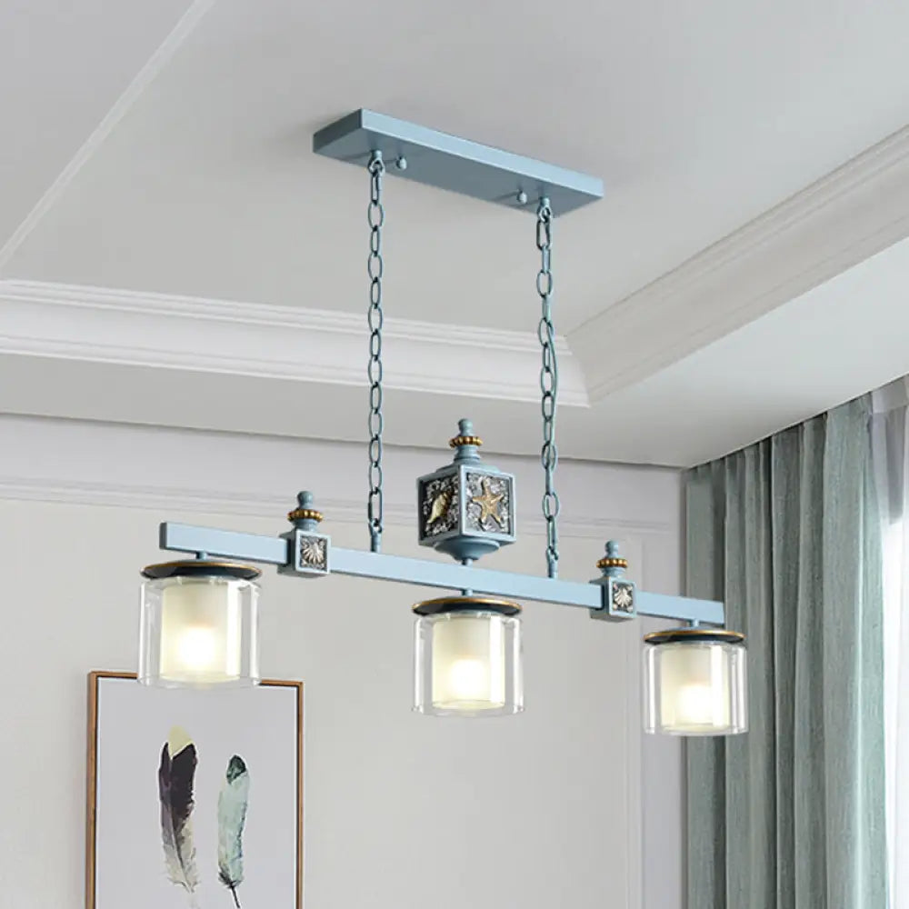 Cartoon 3 Bulbs Island Pendant Light With Dual Cylinder Pendulum Sky/Water Blue Glass Shades Water