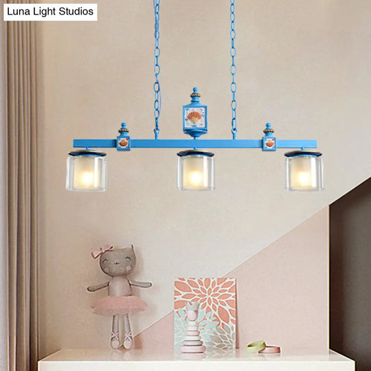 Cartoon 3-Bulb Pendant Light With Clear & Opal Glass Shades - Sky/Water Blue Dual Cylinder Lamp