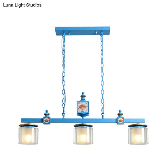 Cartoon 3-Bulb Pendant Light With Clear & Opal Glass Shades - Sky/Water Blue Dual Cylinder Lamp