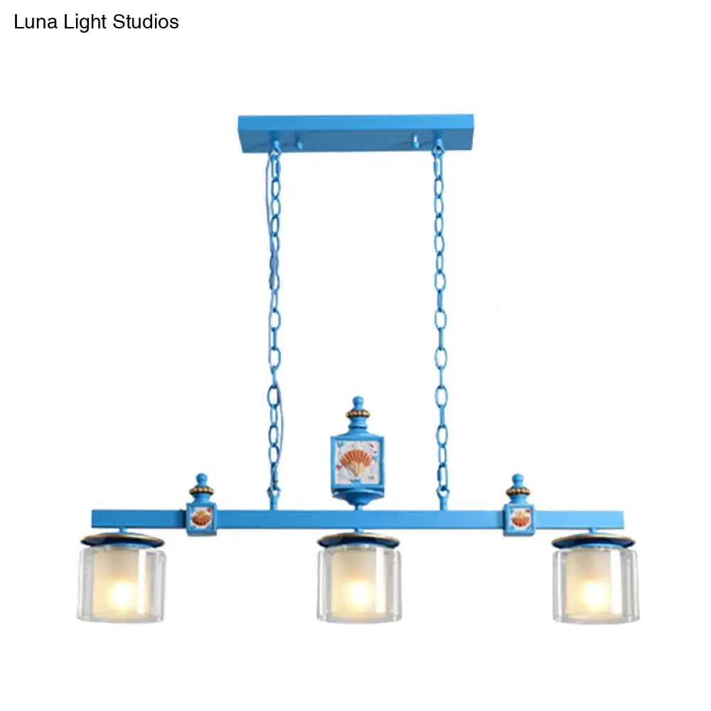 Cartoon 3 Bulbs Island Pendant Light With Dual Cylinder Pendulum Sky/Water Blue Glass Shades