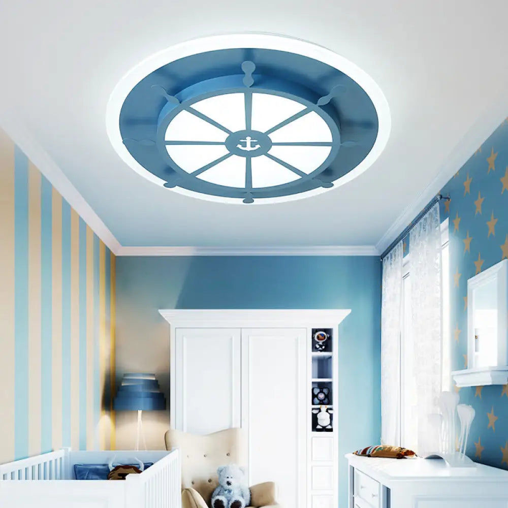 Cartoon Acrylic Blue Led Ceiling Lamp For Kids Bedroom - Cloud/Rudder Flush Light Fixture / Rudder