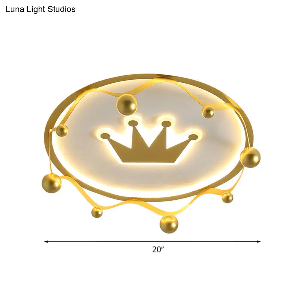 Cartoon Acrylic Led Flush-Mount Ceiling Light With Gold Crown And Ball Finial - Warm/White Lighting