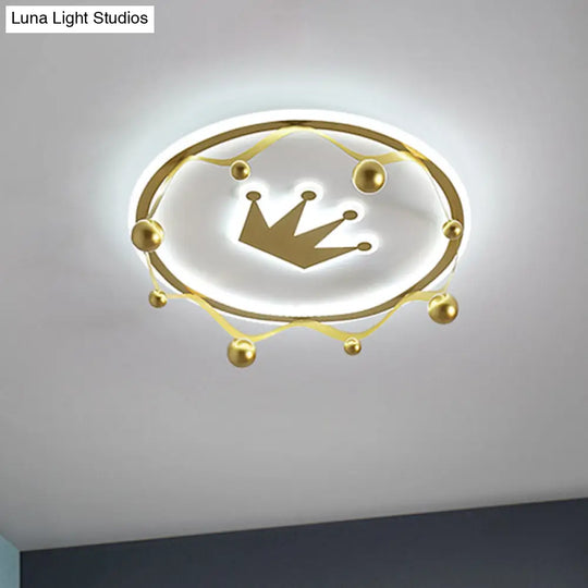 Cartoon Acrylic Led Flush - Mount Ceiling Light With Gold Crown And Ball Finial - Warm/White