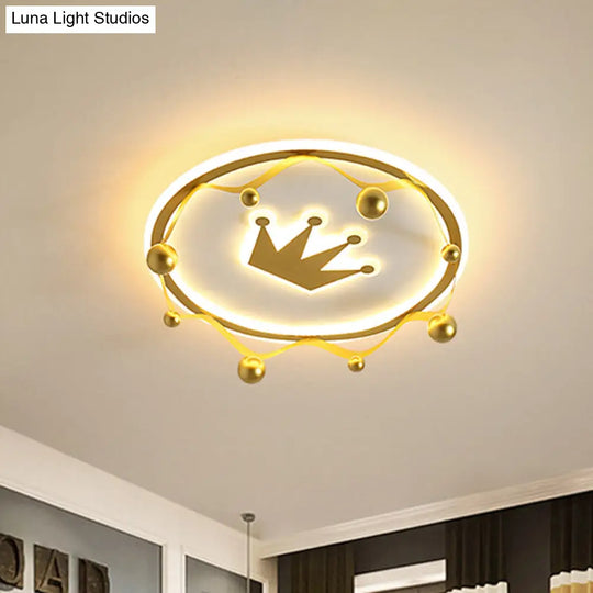 Cartoon Acrylic Led Flush-Mount Ceiling Light With Gold Crown And Ball Finial - Warm/White Lighting