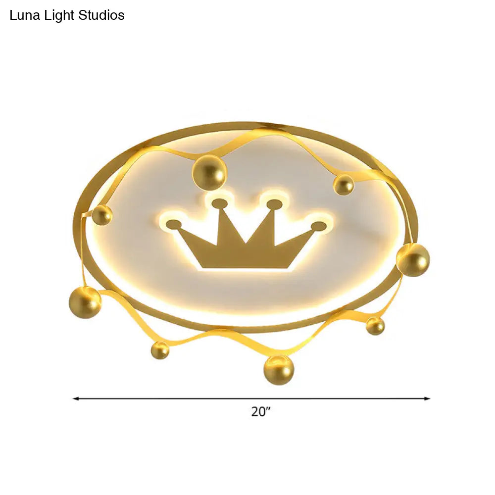 Cartoon Acrylic Led Flush - Mount Ceiling Light With Gold Crown And Ball Finial - Warm/White