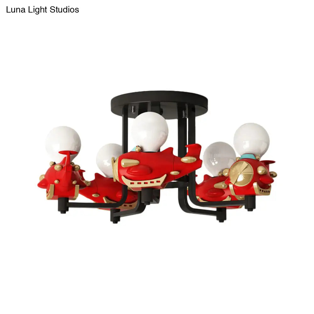 Cartoon Airplane Metal Semi Flush 5 - Light Ceiling Fixture In Red For Boys’ Bedroom