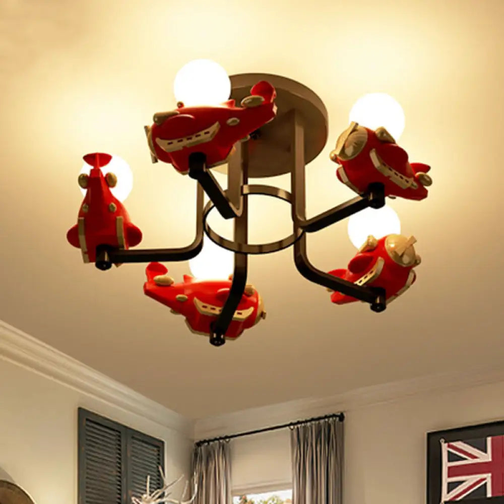 Cartoon Airplane Metal Semi Flush 5 - Light Ceiling Fixture In Red For Boys’ Bedroom