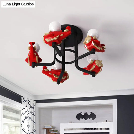 Cartoon Airplane Metal Semi Flush 5-Light Ceiling Fixture In Red For Boys Bedroom