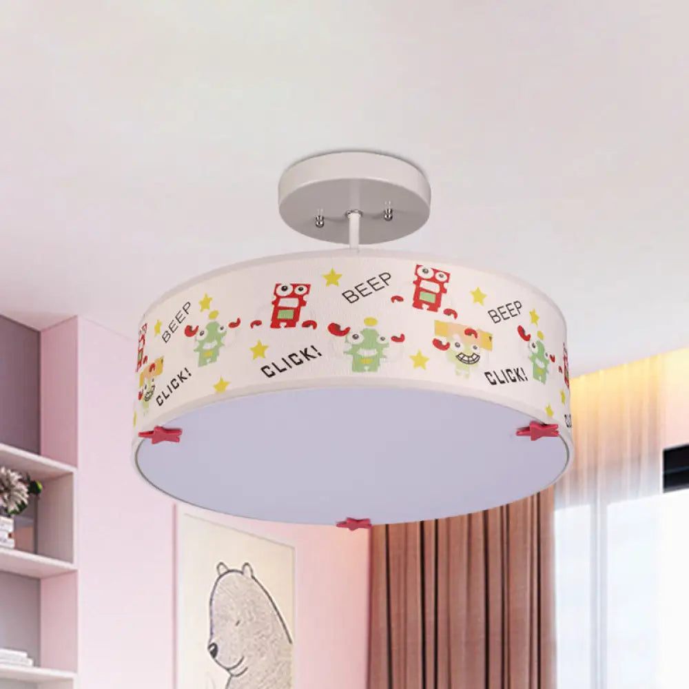 Cartoon Animal Print Semi Flush Ceiling Light With 3 Bulbs In White Fabric