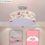 Cartoon Animal Print Semi Flush Ceiling Light With 3 Bulbs In White Fabric