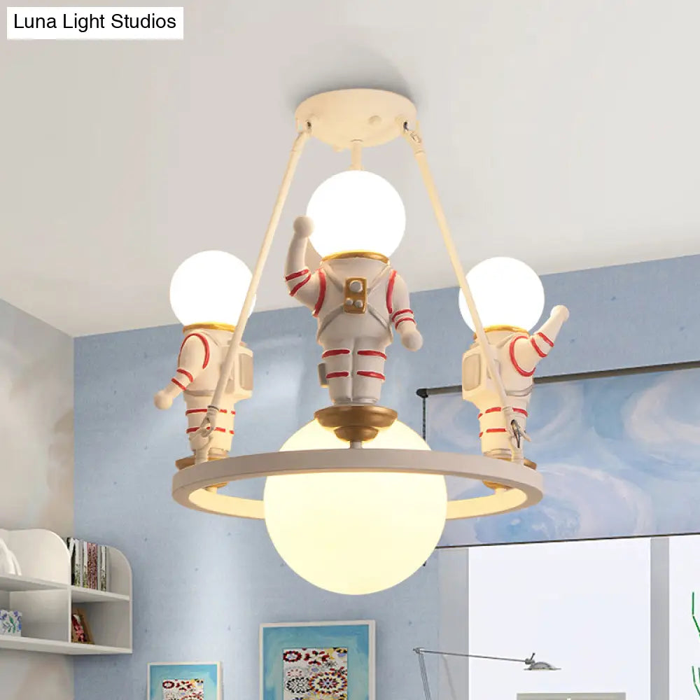 Cartoon Astronaut Resin Chandelier Light For Childs Room With White Acrylic Shade