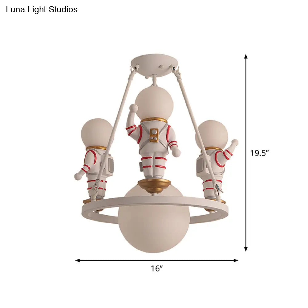 Cartoon Astronaut Resin Chandelier Light For Childs Room With White Acrylic Shade