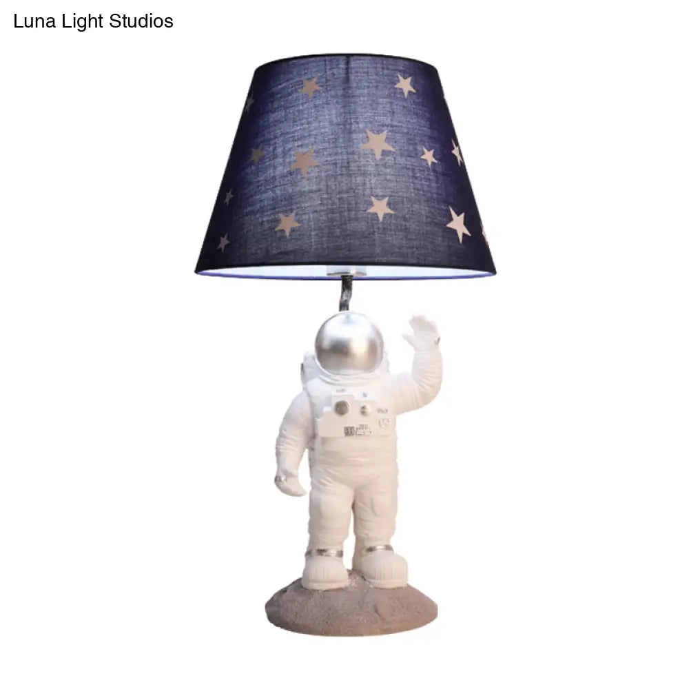 Cartoon Astronaut Table Lamp With Star Patterned Fabric Shade - Perfect Nightstand Lighting For Kids