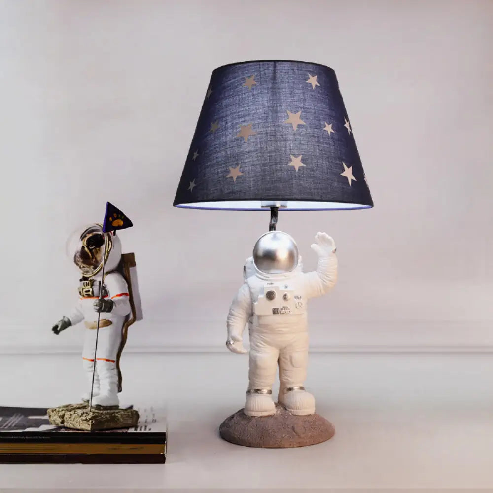 Cartoon Astronaut Table Lamp With Star Patterned Fabric Shade - Perfect Nightstand Lighting For Kids