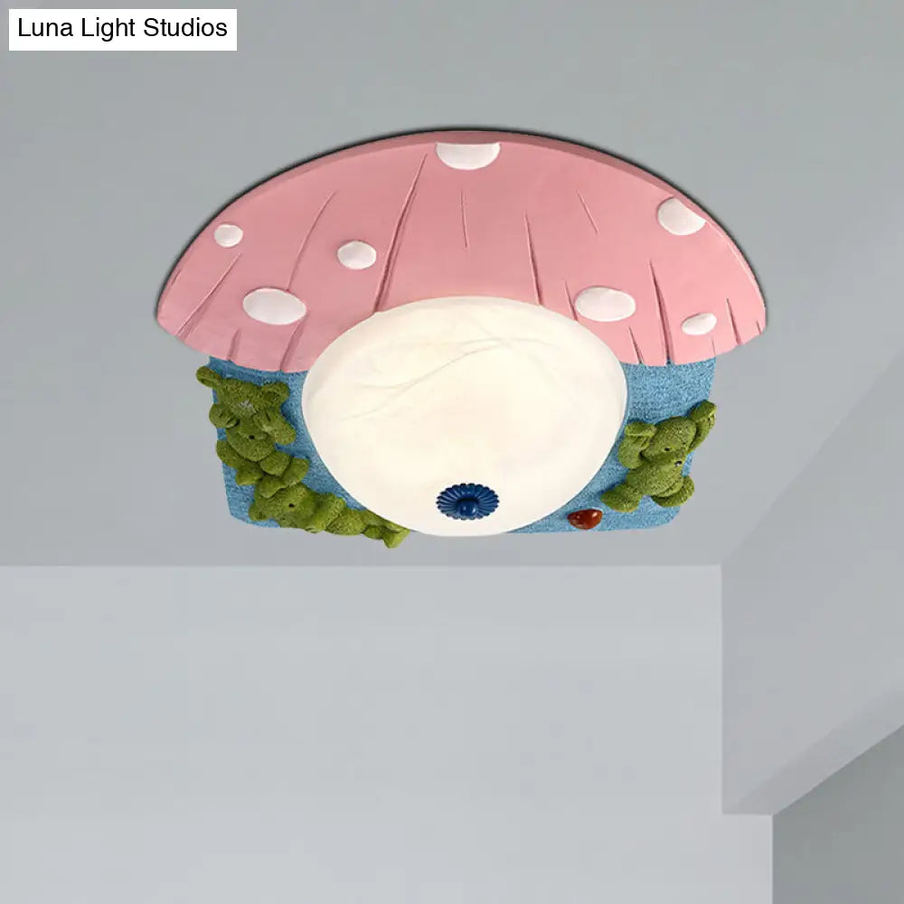 Cartoon Bear Ceiling Mounted Led Flush Light For Kids Rooms - Red/Blue With White Glass Shade