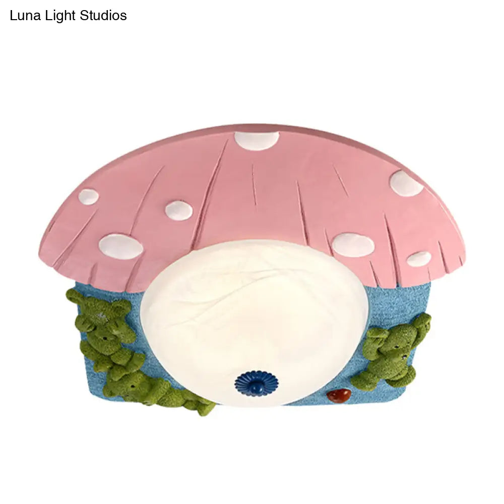 Cartoon Bear Ceiling Mounted Led Flush Light For Kids Rooms - Red/Blue With White Glass Shade