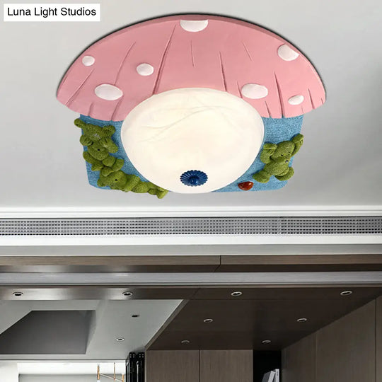 Cartoon Bear Ceiling Mounted Led Flush Light For Kids Rooms - Red/Blue With White Glass Shade Red