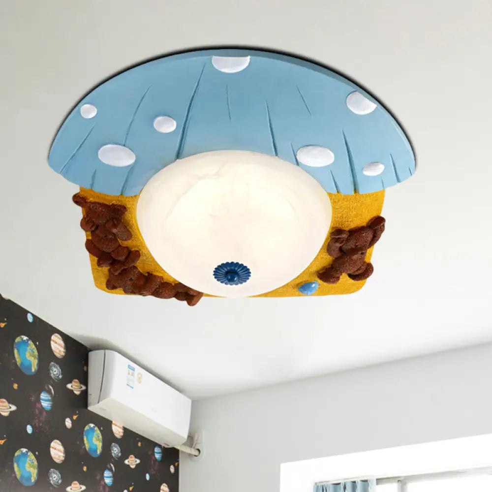 Cartoon Bear Ceiling Mounted Led Flush Light For Kids’ Rooms - Red/Blue With White Glass Shade Blue