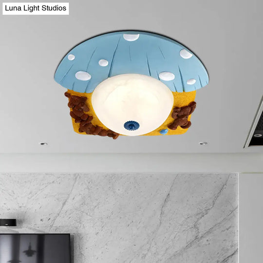 Cartoon Bear Ceiling Mounted Led Flush Light For Kids’ Rooms - Red/Blue With White Glass Shade