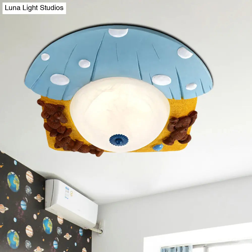 Cartoon Bear Ceiling Mounted Led Flush Light For Kids Rooms - Red/Blue With White Glass Shade Blue