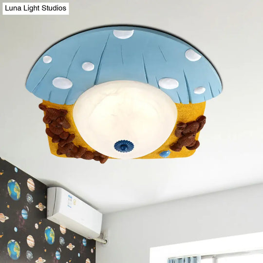 Cartoon Bear Ceiling Mounted Led Flush Light For Kids Rooms - Red/Blue With White Glass Shade Blue