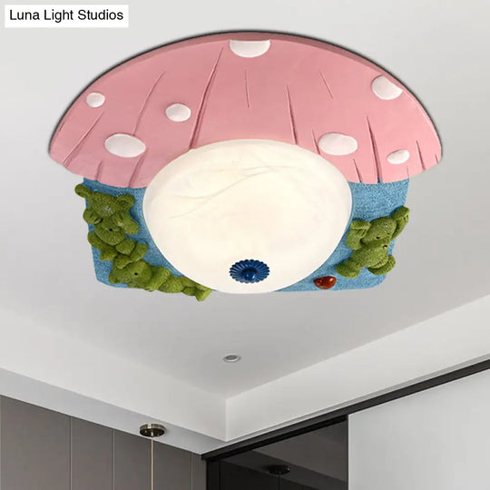 Cartoon Bear Ceiling Mounted Led Flush Light For Kids’ Rooms - Red/Blue With White Glass Shade