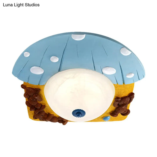 Cartoon Bear Ceiling Mounted Led Flush Light For Kids Rooms - Red/Blue With White Glass Shade