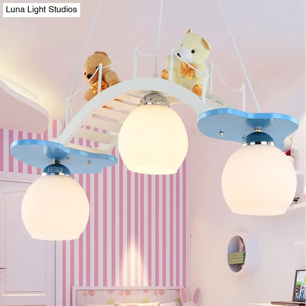 Cartoon Bear Wood Chandelier - Child Bedroom Bridge Hanging Light (3 Lights White)