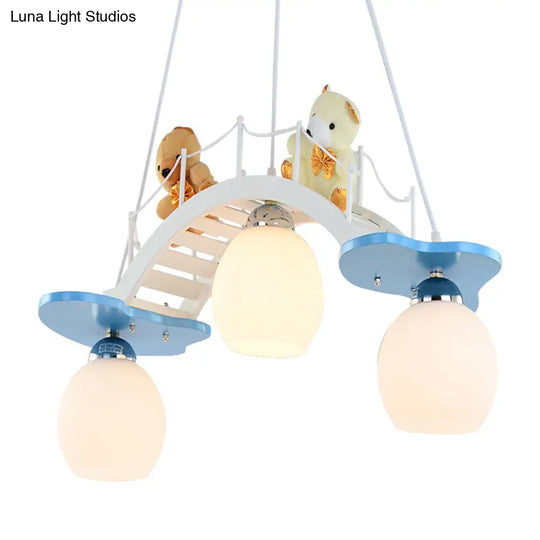 Cartoon Bear Wood Chandelier - Child Bedroom Bridge Hanging Light (3 Lights White)