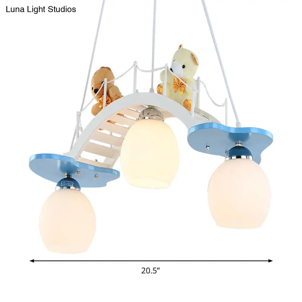 Cartoon Bear Wood Chandelier - Child Bedroom Bridge Hanging Light (3 Lights White)