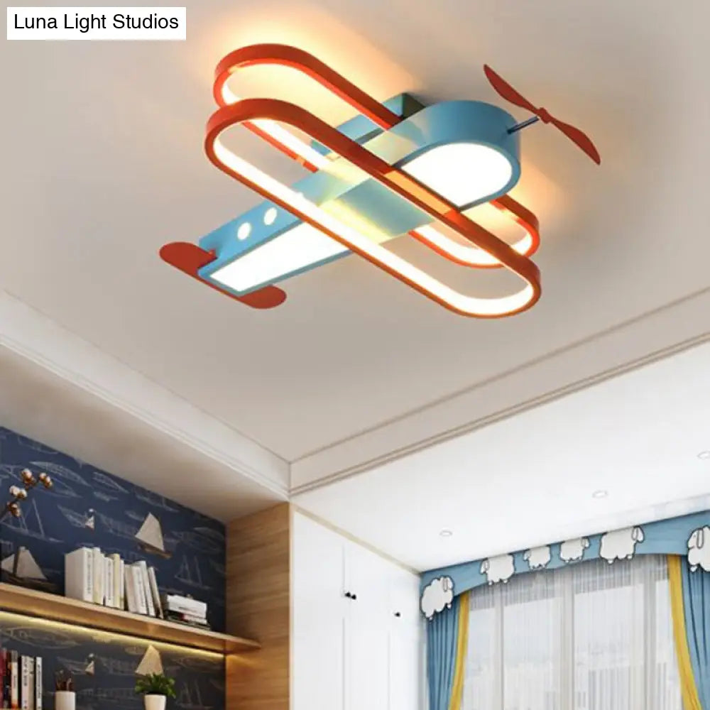 Cartoon Biplane Led Ceiling Flush Light For Boys Room - Acrylic Flush-Mount Fixture