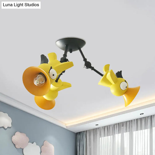 Cartoon Bird Pendant Ceiling Light For Childrens Room - 3-Light Pink/Blue/Yellow Metal Hanging
