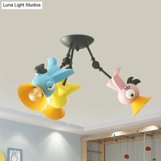 Cartoon Bird Pendant Ceiling Light For Childrens Room - 3-Light Pink/Blue/Yellow Metal Hanging