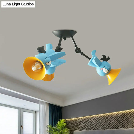 Cartoon Bird Pendant Ceiling Light For Childrens Room - 3-Light Pink/Blue/Yellow Metal Hanging