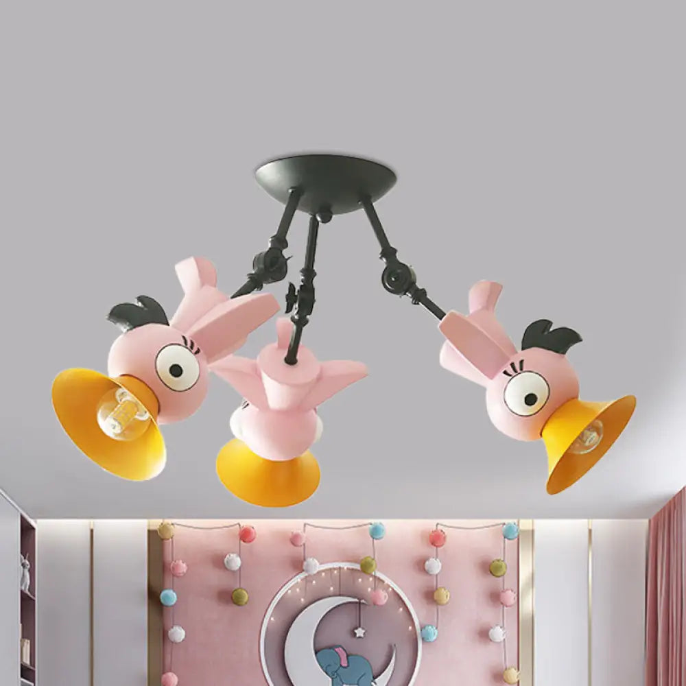 Cartoon Bird Pendant Ceiling Light For Children’s Room - 3 - Light Pink/Blue/Yellow Metal Hanging