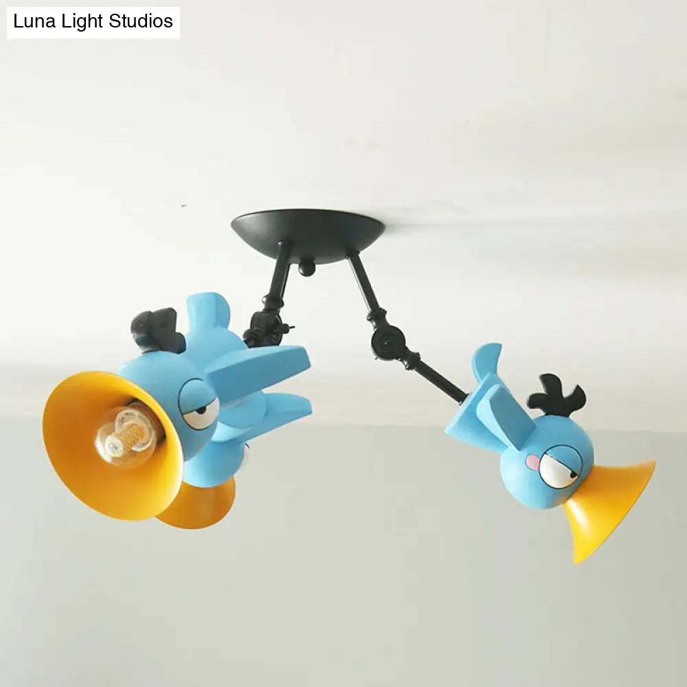 Cartoon Bird Pendant Ceiling Light For Childrens Room - 3-Light Pink/Blue/Yellow Metal Hanging